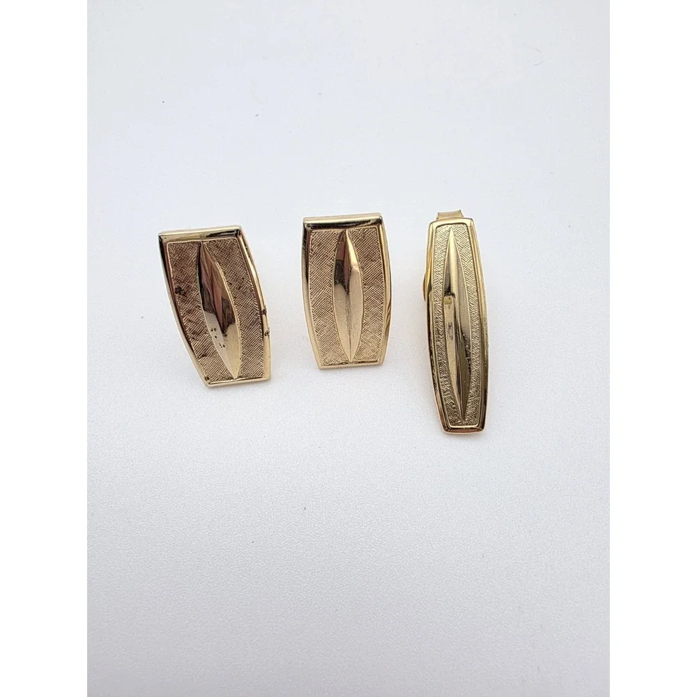 Vtg Gold Tone Cufflinks & Tie Clip Bar Clasp Set Textured Bullet Back FREE $HIP!